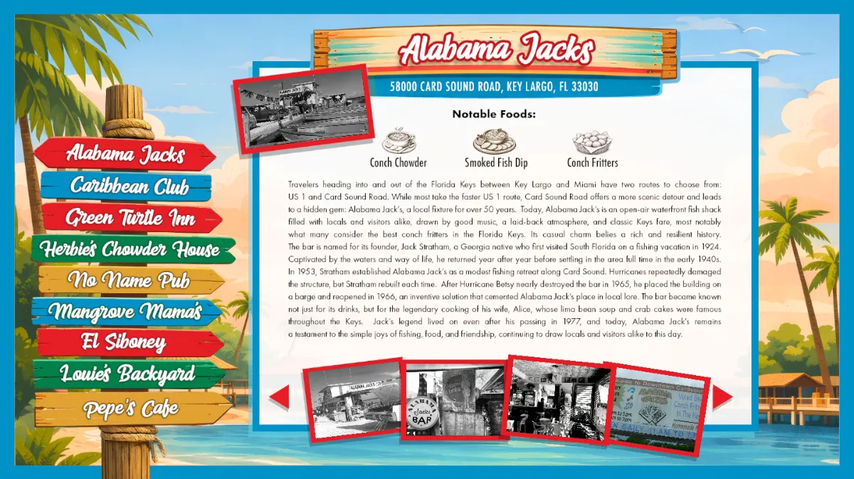 Restaurants of the Keys interactive kiosk showing Alabama Jacks history