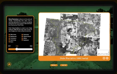 Tall Timbers kiosk showing a Dixie Plantation aerial timeline