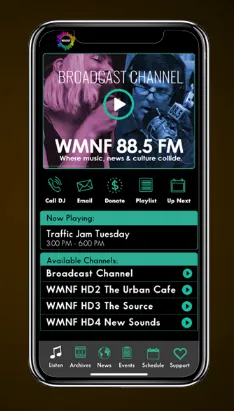 WMNF 88.5 FM mobile app broadcast channel screen
