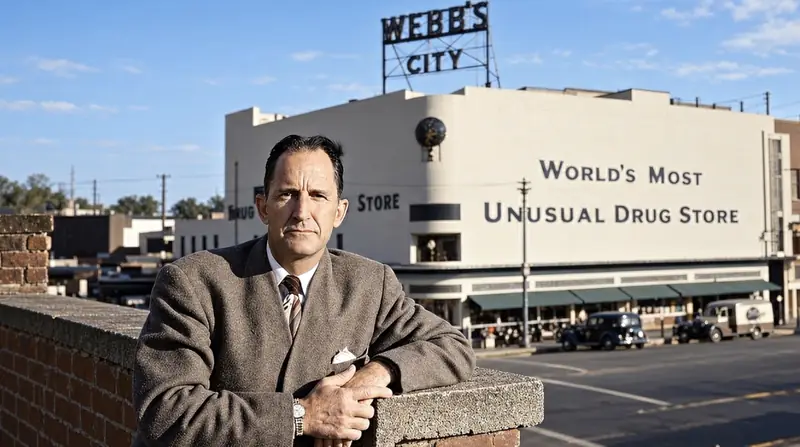 Doc Webb in front of Webb's City, the World's Most Unusual Drug Store