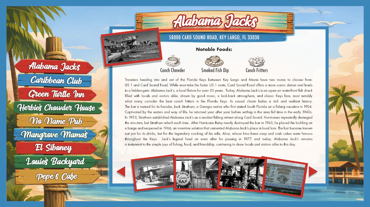 Restaurants of the Keys interactive kiosk showing Alabama Jacks history