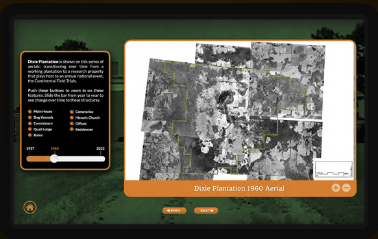 Tall Timbers kiosk showing a Dixie Plantation aerial timeline
